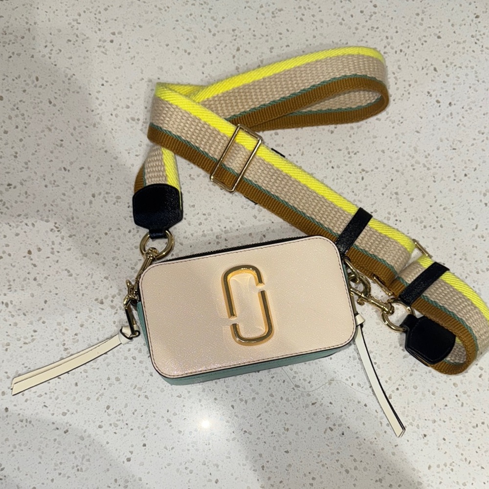 Marc Jacobs Snapshot Cream Yellow turquoise Crossbody Bag with canvas Strap